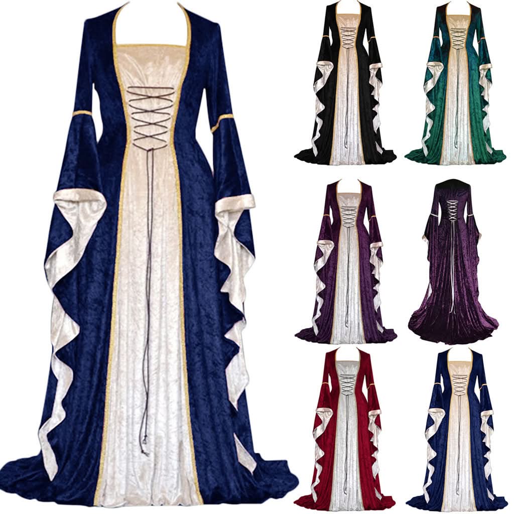 Medieval Retro Court Princress Cosplay Costume Halloween Women Gothic Flare Sleeve Long Dress Elegant Witch Masquerade Wear - M & M Global