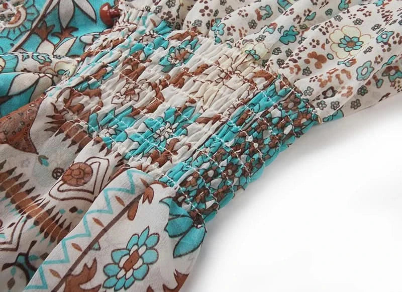 TEELYNN boho long dress Vintage 2023 floral print Chiffon three quarter sleeve v-neck summer Gypsy Hippie women dresses vestidos - M & M Global