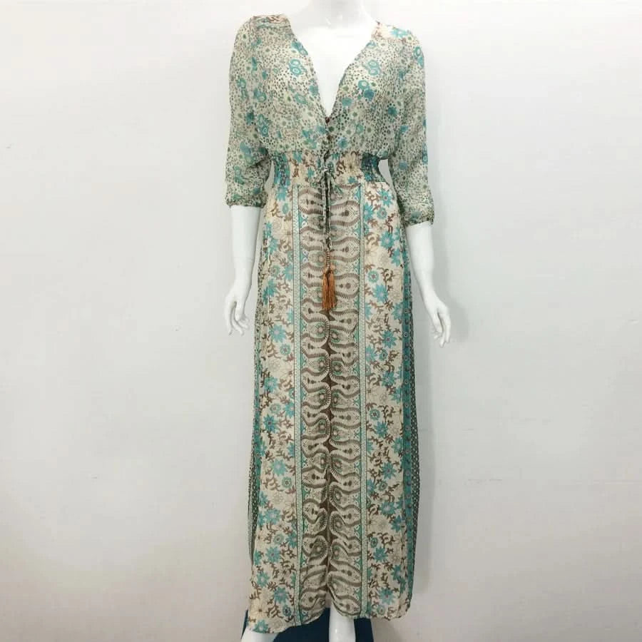 TEELYNN boho long dress Vintage 2023 floral print Chiffon three quarter sleeve v-neck summer Gypsy Hippie women dresses vestidos - M & M Global