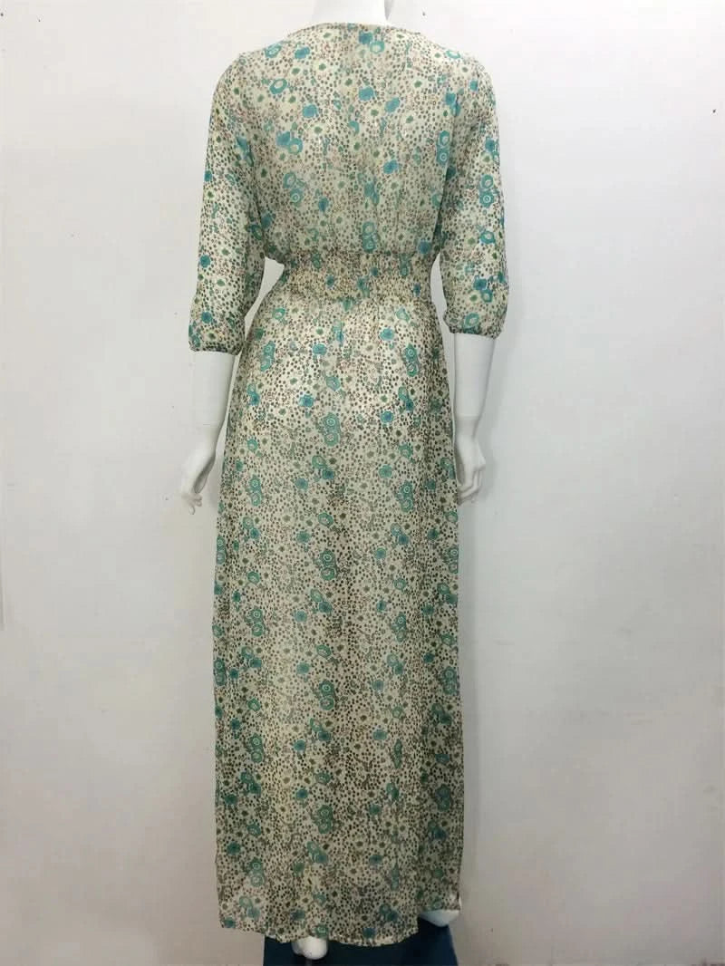 TEELYNN boho long dress Vintage 2023 floral print Chiffon three quarter sleeve v-neck summer Gypsy Hippie women dresses vestidos - M & M Global