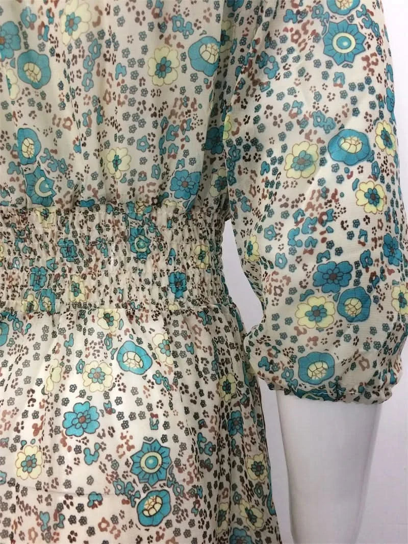 TEELYNN boho long dress Vintage 2023 floral print Chiffon three quarter sleeve v-neck summer Gypsy Hippie women dresses vestidos - M & M Global