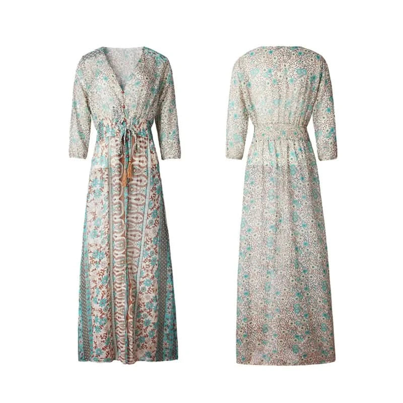 TEELYNN boho long dress Vintage 2023 floral print Chiffon three quarter sleeve v-neck summer Gypsy Hippie women dresses vestidos - M & M Global