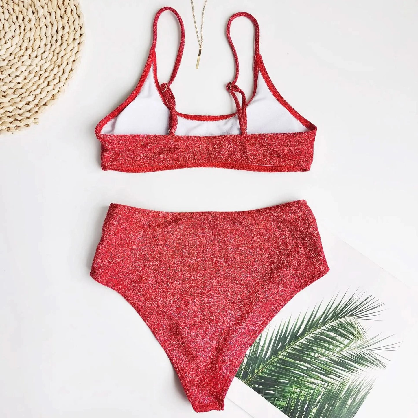 Sexy Sequin Bikini Shiny Solid Pink Push Up High Waist Bikini Set Female High Cut Bathing Suit Halter Top Swimwear Beachwear - M & M Global
