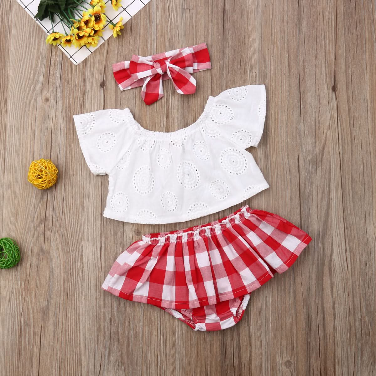 Lioraitiin 3Pcs Set 0-24M Newborn Baby Girl Clothes Cute Summer Off Shoulder Lace Tops+ Red Plaid Short Dress Headband Outfit - M & M Global