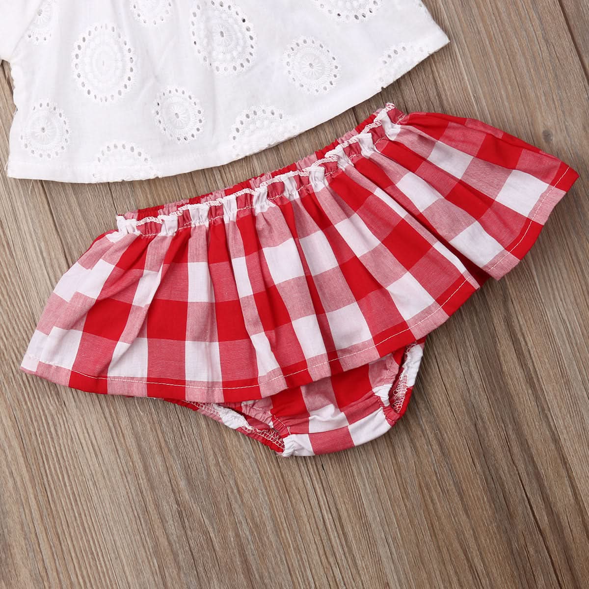 Lioraitiin 3Pcs Set 0-24M Newborn Baby Girl Clothes Cute Summer Off Shoulder Lace Tops+ Red Plaid Short Dress Headband Outfit - M & M Global