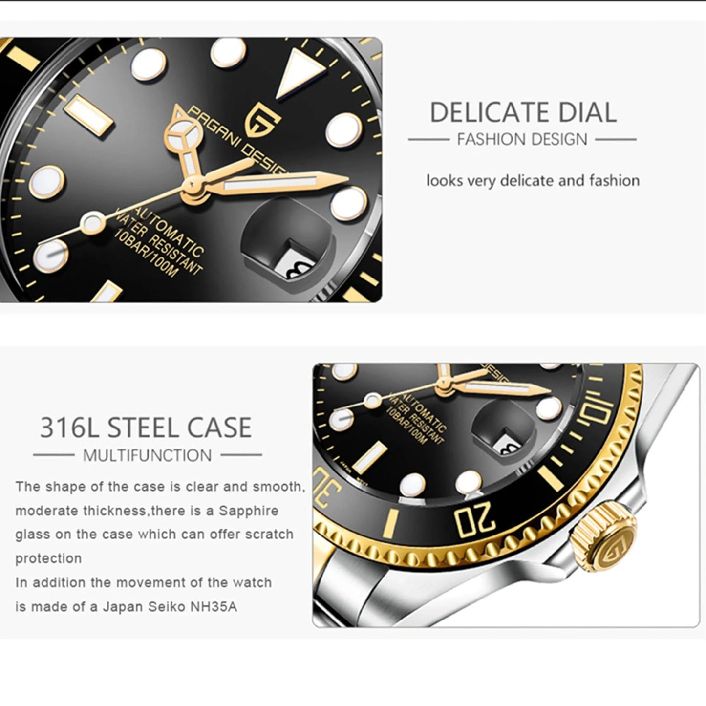 PAGANI DESIGN Luxury Sapphire Glass Men Automatic Watch 100m Waterproof Stainless Steel men mechanical wristwatches montre homme - M & M Global