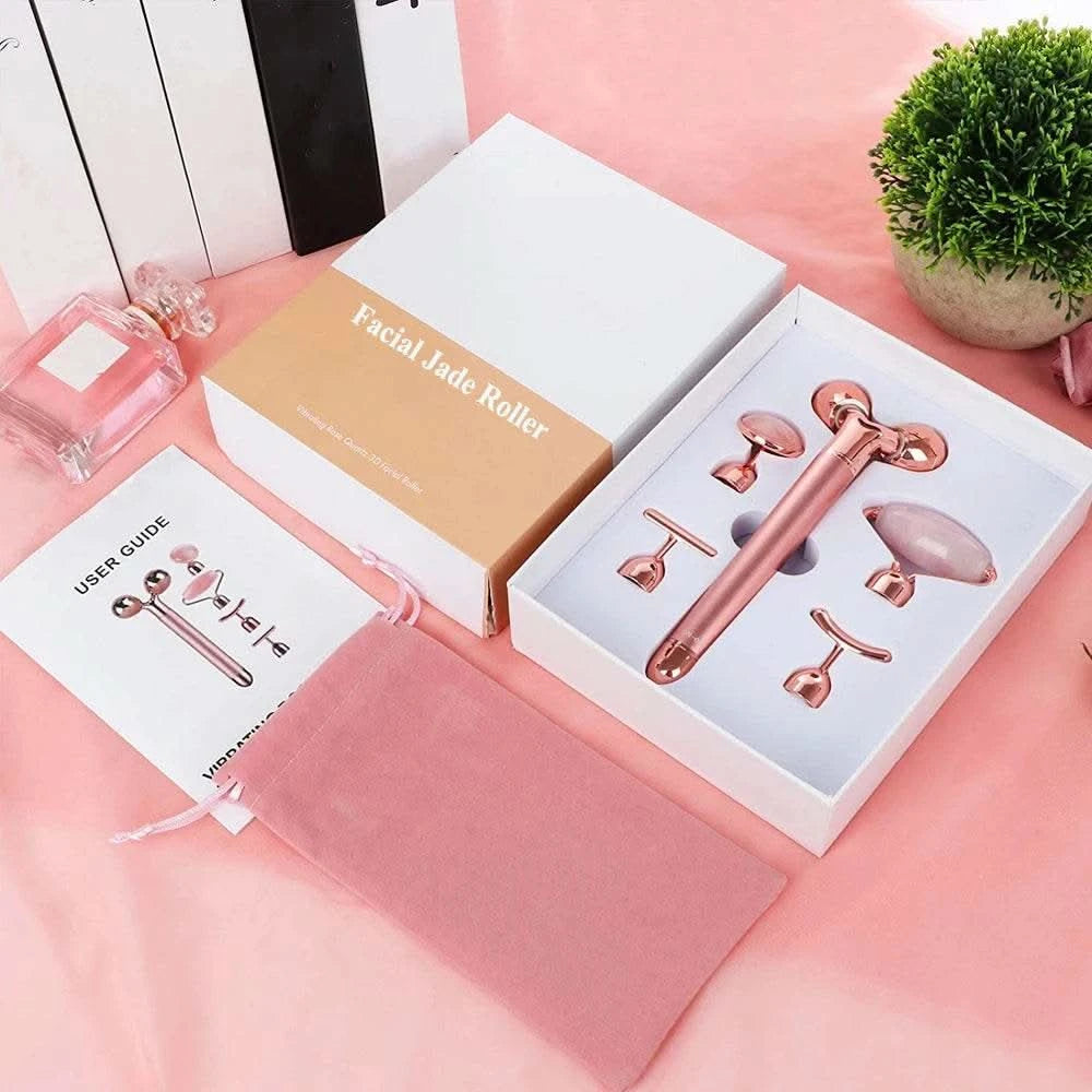 5-in-1 24K Gold Beauty Wand Face Massager Electric Vibrating Rose Quartz 3D Roller Face Lifting Body Facial Gua Sha Jade Roller - M & M Global