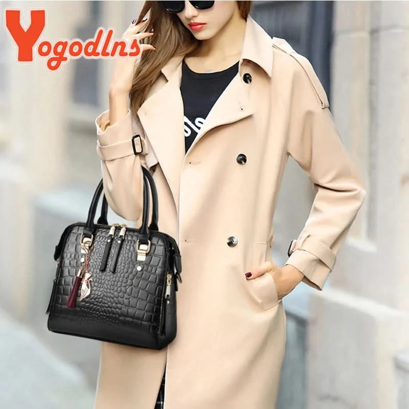 Yogodlns Luxury Crocodile Pattern Handbag Women Winter New PU Leather Tassel Shoulder Bag Brands Design Handle Bag Lady Purse - M & M Global