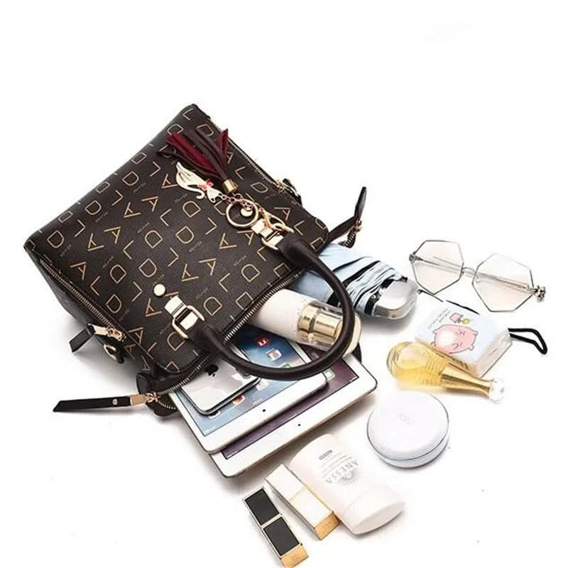 Fashion English Letter Handbag Women PU Leather Tassel Top-handle Bag Luxury Shoulder Bag Large Capacity Lady Tote Design Purse - M & M Global