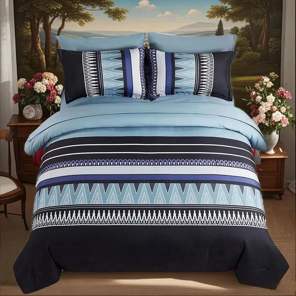 Blue and black striped bedding set with geometric patterns on a bed in a room with a scenic wall mural.
7-piece microfiber bedding set
All-season bed comforter
Soft brushed microfiber bedding
Luxury quilt set for queen bed
Fade-resistant bedding set
Machine washable comforter set
Elegant bedroom decor
Gift bedding set for women
Hypoallergenic bedding
