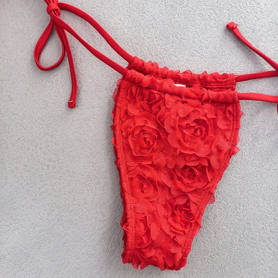 Women's Sexy 3 Piece Bikini Set 3D Flower Beach Skirt Swimsuit Pure Pink Triangle Halter Backless Thong Swimwear 2025 Summer New - M & M Global