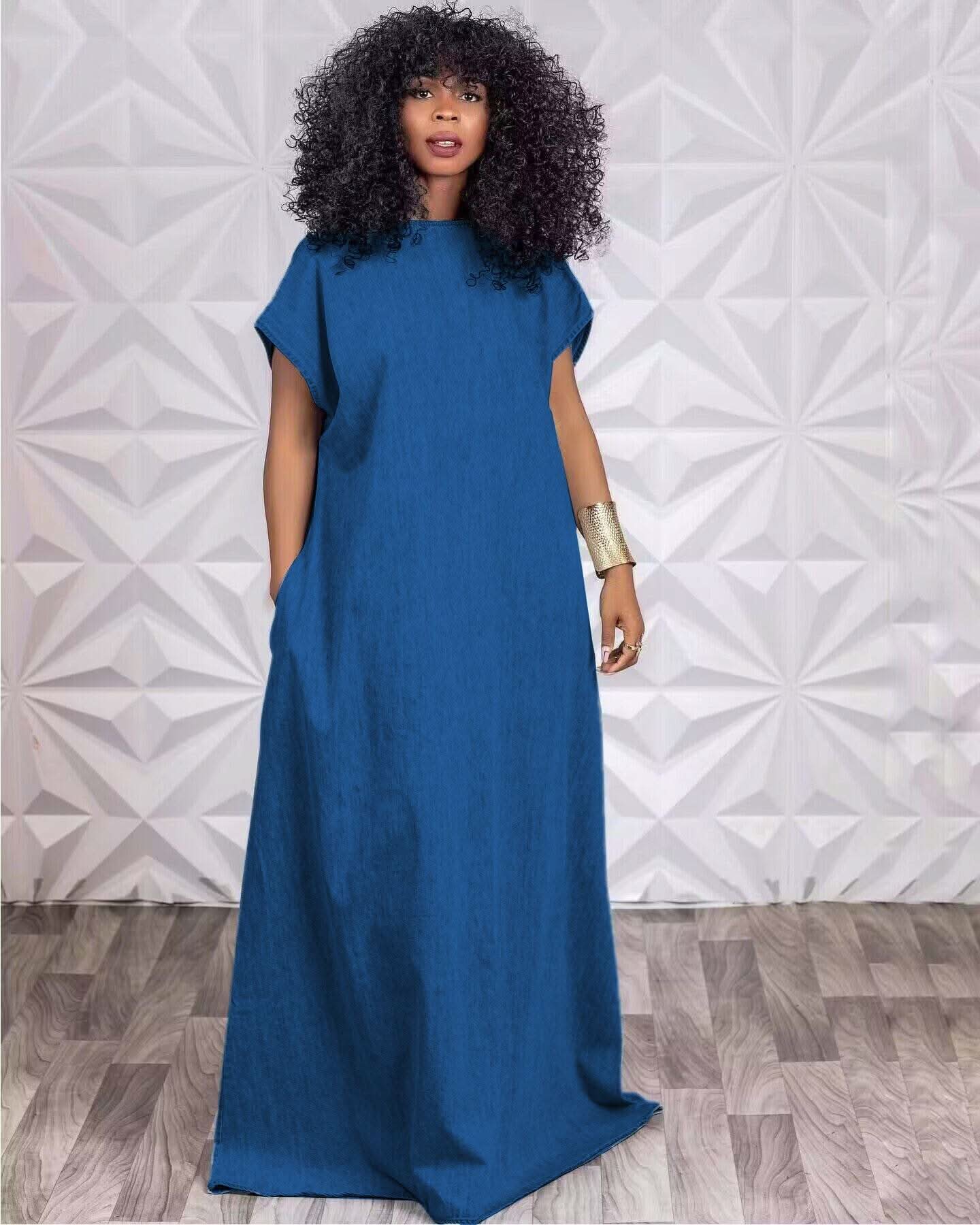 CM.YAYA Vintage Women Fashion Batwing Short Sleeve Denim V-back Loose Slim Maxi Long Dress 2023 High Street Vestido Jean Dresses - M & M Global