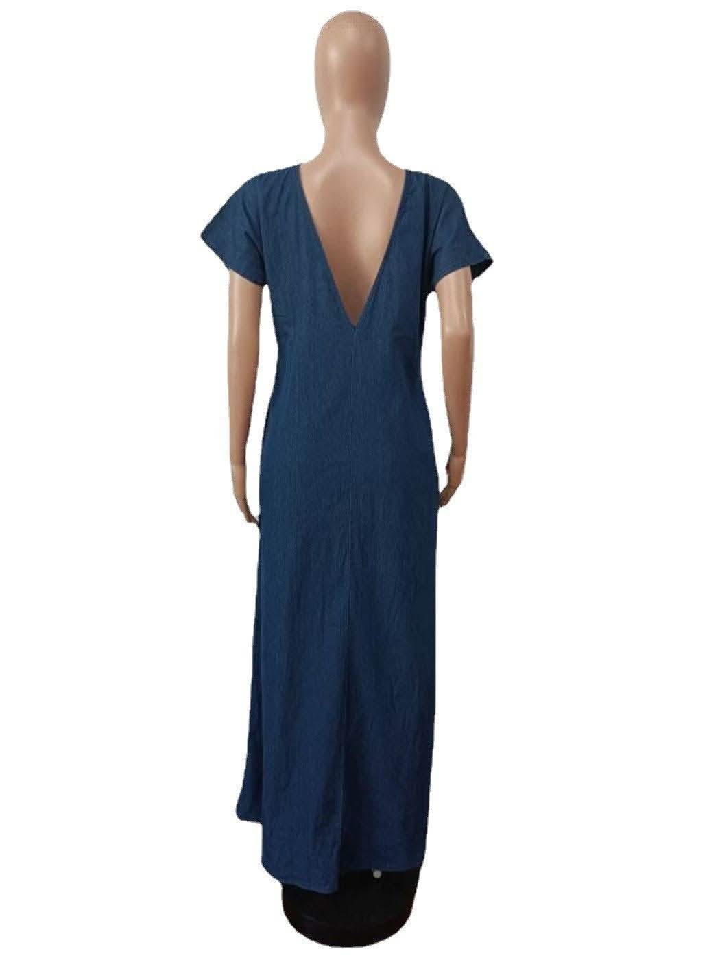 CM.YAYA Vintage Women Fashion Batwing Short Sleeve Denim V-back Loose Slim Maxi Long Dress 2023 High Street Vestido Jean Dresses - M & M Global