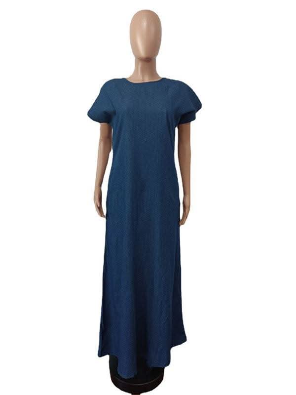 CM.YAYA Vintage Women Fashion Batwing Short Sleeve Denim V-back Loose Slim Maxi Long Dress 2023 High Street Vestido Jean Dresses - M & M Global