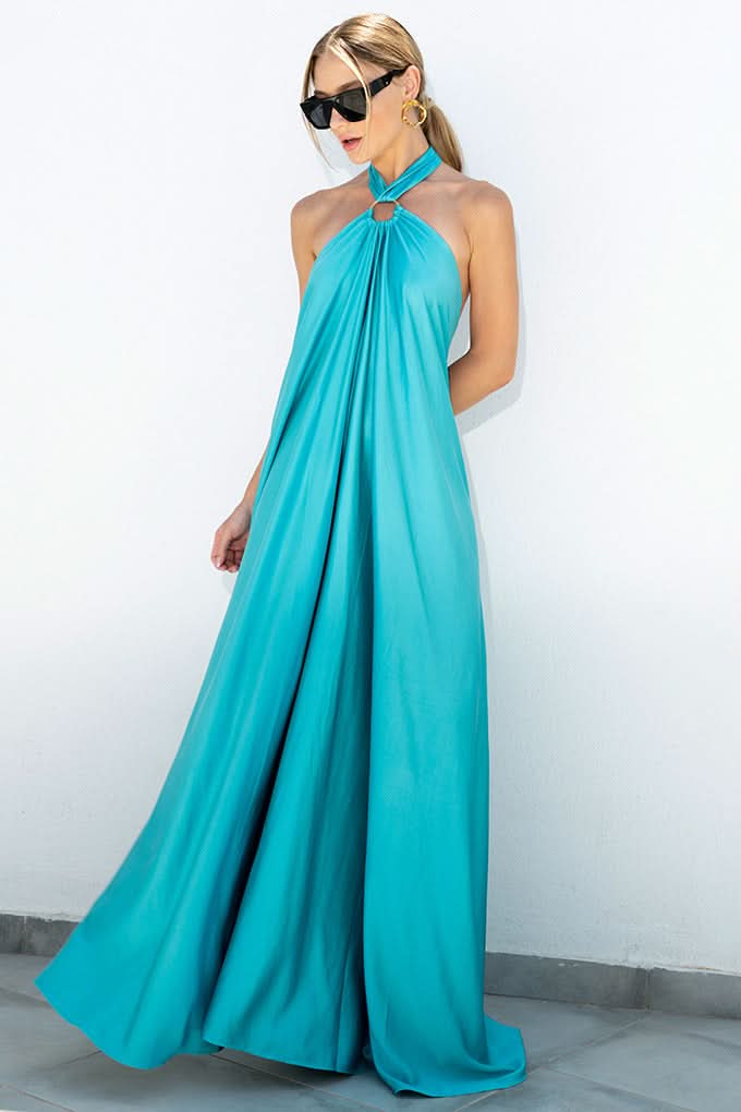 Summer Satin Sexy Women Long Dress Fashion Blue Elegant Vestido Halter Sleeveless Party Evening Dress - M & M Global