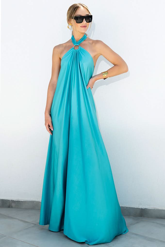 Summer Satin Sexy Women Long Dress Fashion Blue Elegant Vestido Halter Sleeveless Party Evening Dress - M & M Global