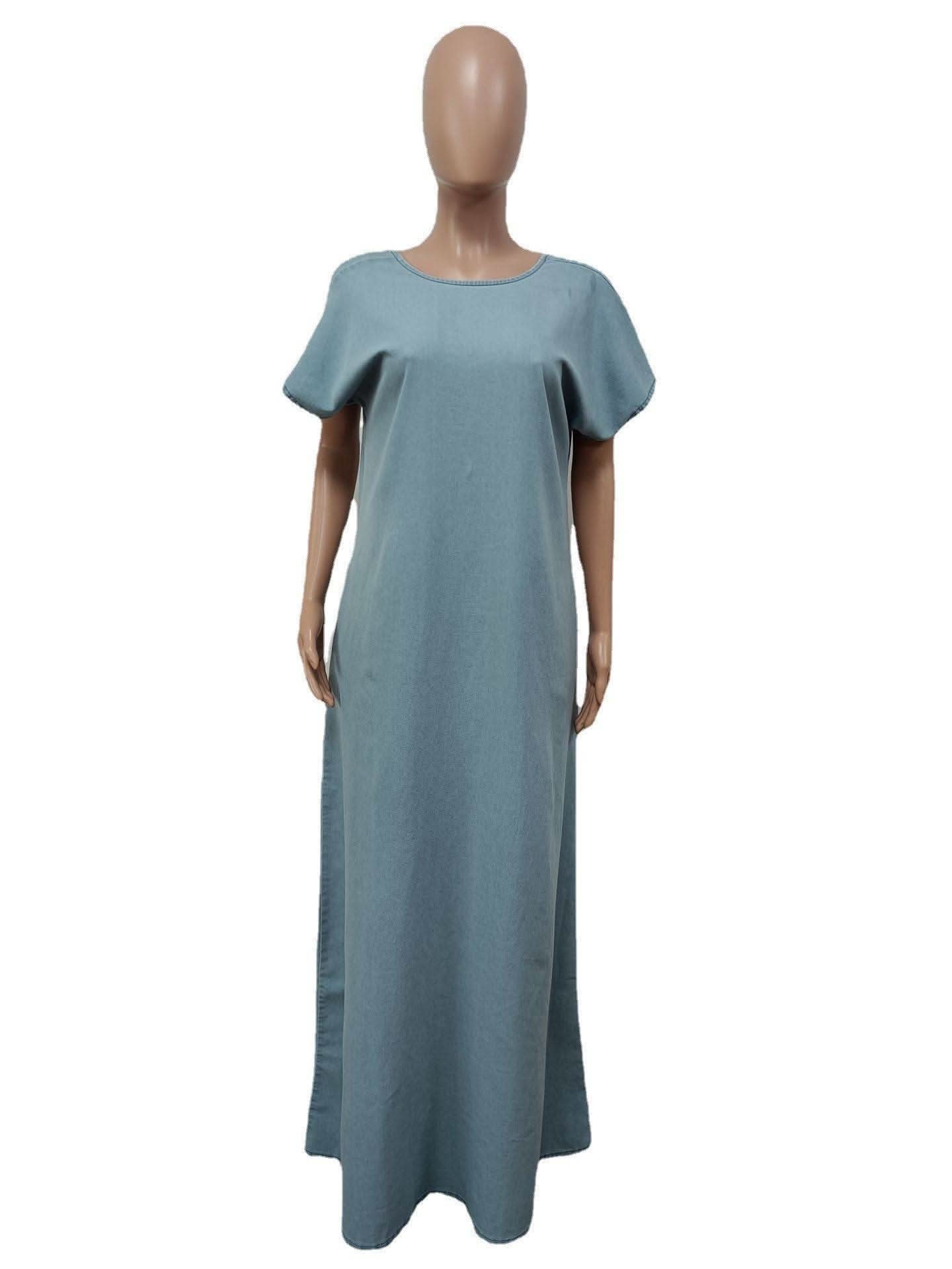 CM.YAYA Vintage Women Fashion Batwing Short Sleeve Denim V-back Loose Slim Maxi Long Dress 2023 High Street Vestido Jean Dresses - M & M Global