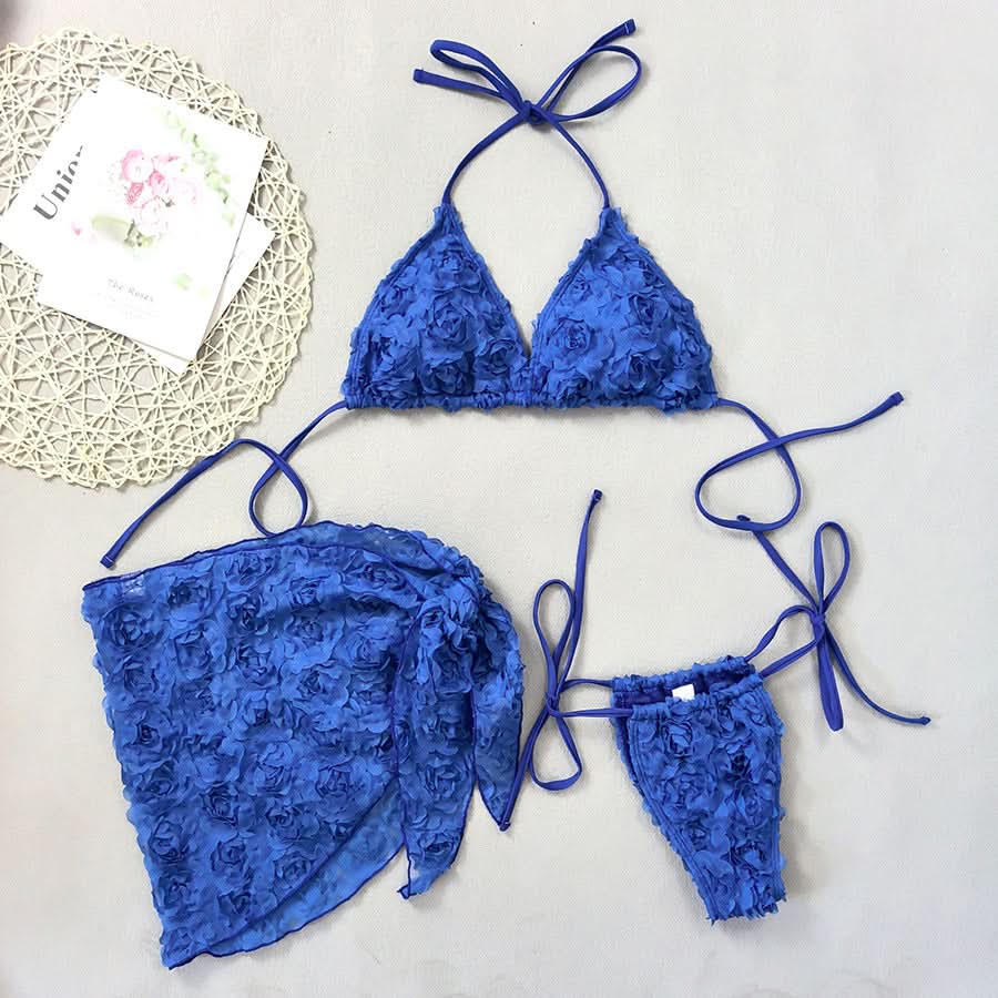 Women's Sexy 3 Piece Bikini Set 3D Flower Beach Skirt Swimsuit Pure Pink Triangle Halter Backless Thong Swimwear 2025 Summer New - M & M Global