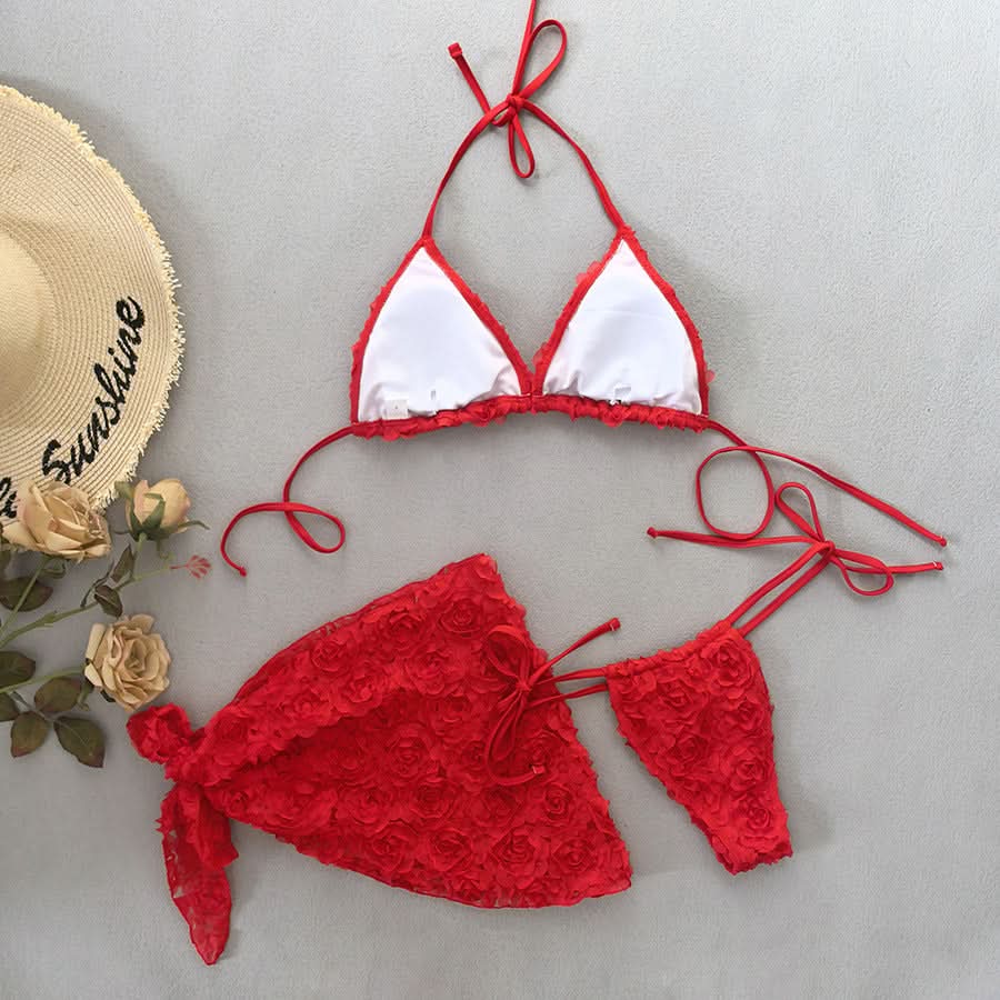 Women's Sexy 3 Piece Bikini Set 3D Flower Beach Skirt Swimsuit Pure Pink Triangle Halter Backless Thong Swimwear 2025 Summer New - M & M Global