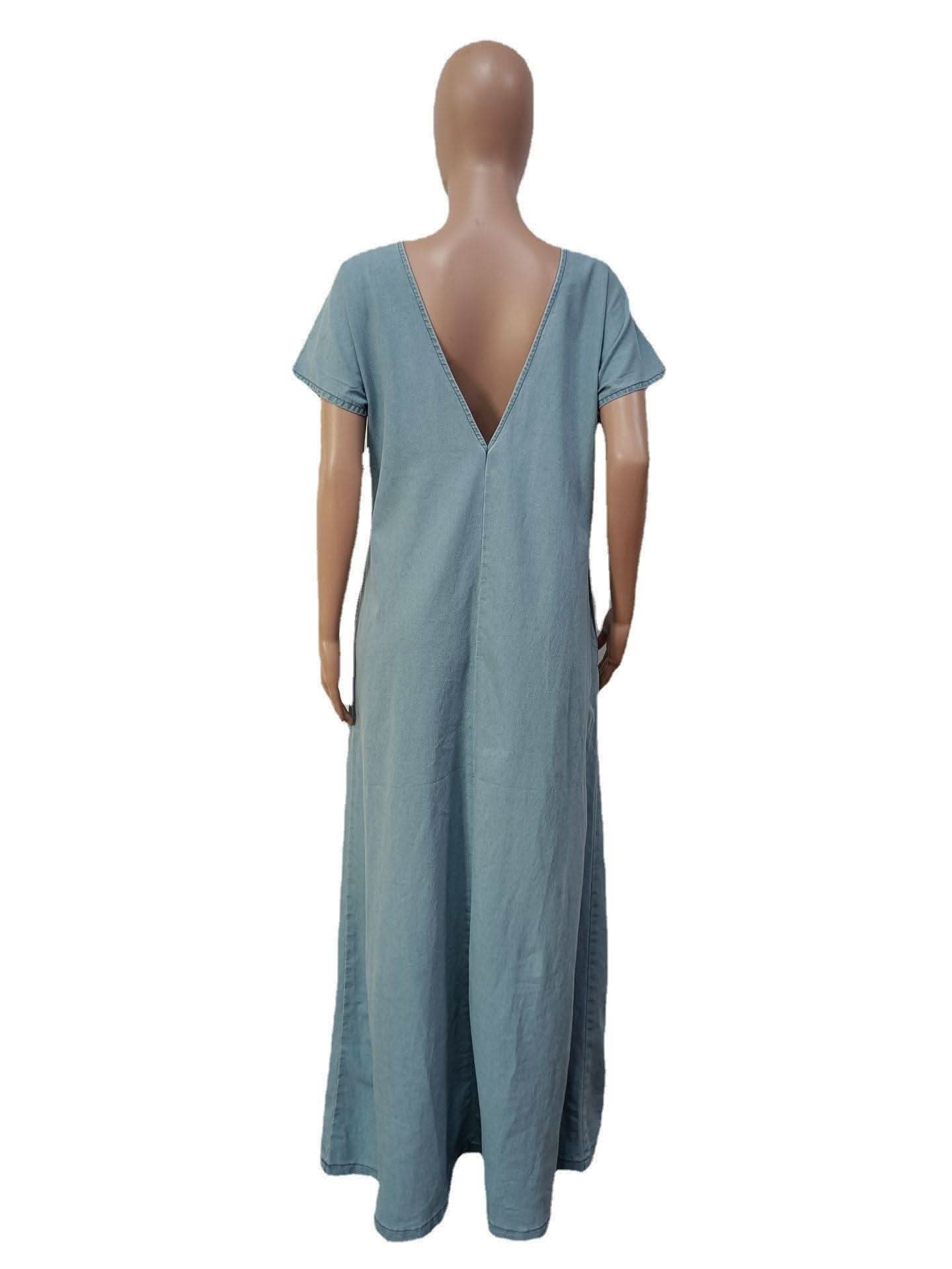 CM.YAYA Vintage Women Fashion Batwing Short Sleeve Denim V-back Loose Slim Maxi Long Dress 2023 High Street Vestido Jean Dresses - M & M Global