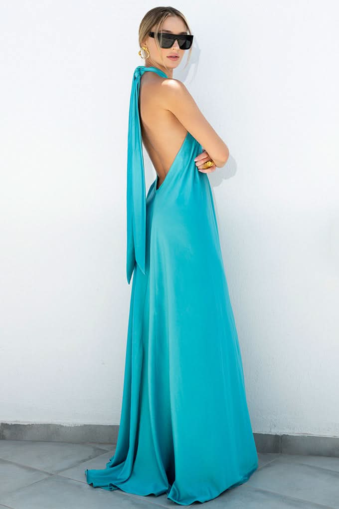 Summer Satin Sexy Women Long Dress Fashion Blue Elegant Vestido Halter Sleeveless Party Evening Dress - M & M Global