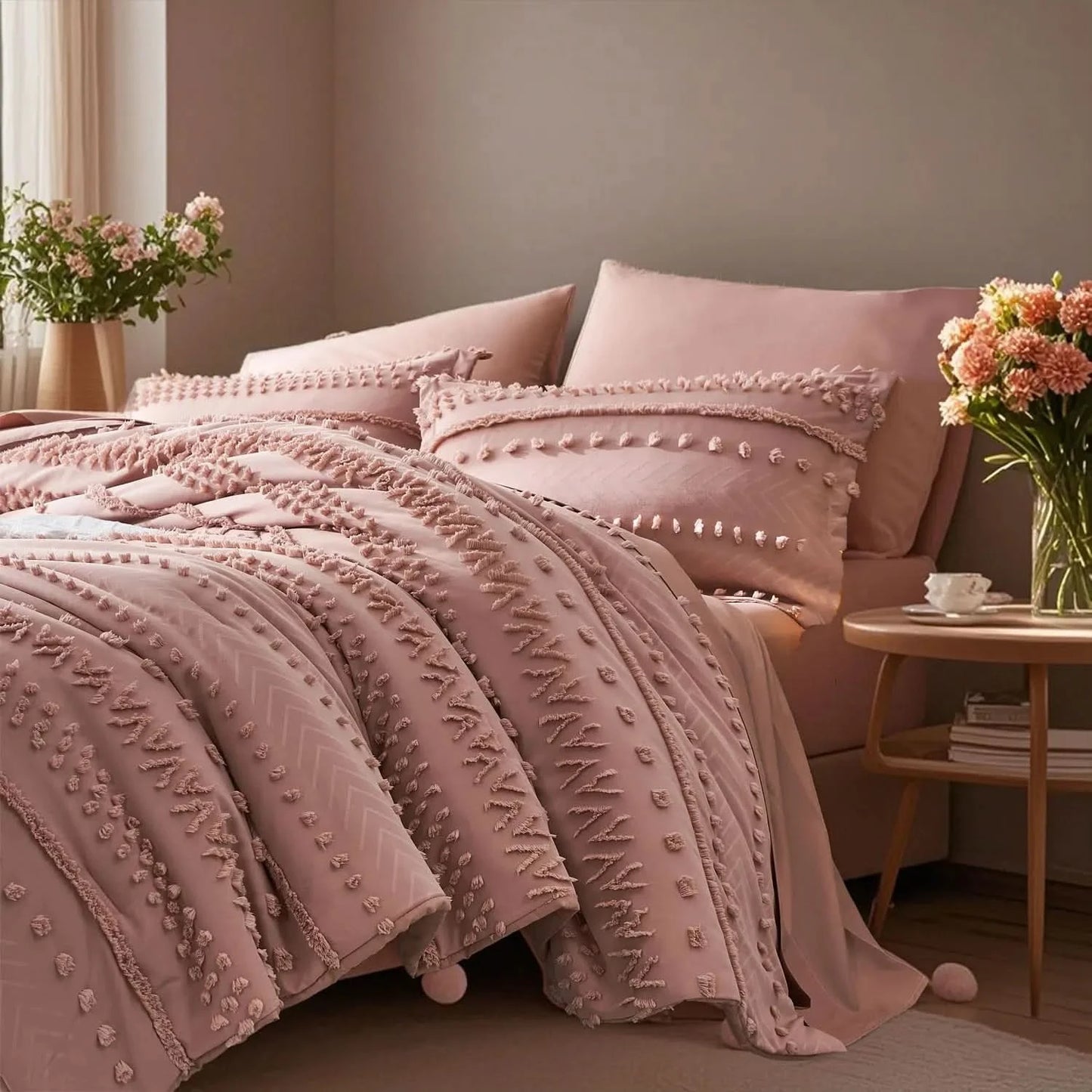 Pink textured bedding set on a bed with matching pillows and a side table with flowers.
Queen size bedding set
Tufted comforter set
Microfiber bed set
Luxury bedding gift
All-season quilt set
Soft and cozy bed set
Hypoallergenic bedding
Easy care bedding
Full queen bed ensemble