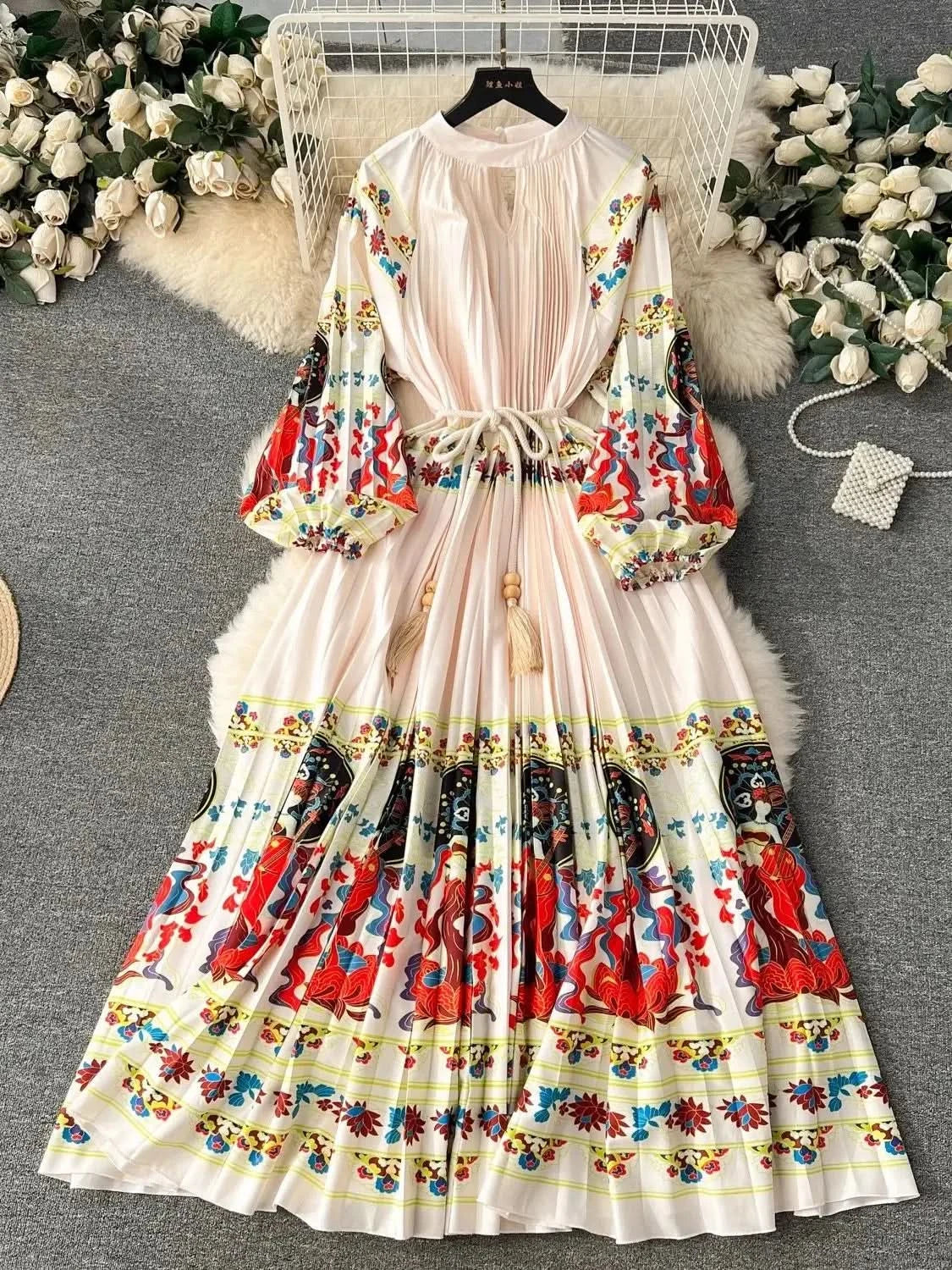 Spring Holiday Print Long Dress For Women Fashion Loose Lantern Sleeve Party Robe Female Big Swing Tassels Belt Pleated Clothes - M & M Global