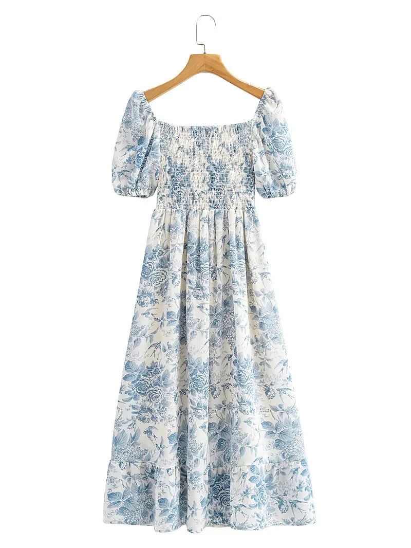 Summer Off-the-shoulder Short Sleeved Floral Split Long Chiffon Dress Swallows Print Fit and Flared Sweet Ruffles Long Dress - M & M Global