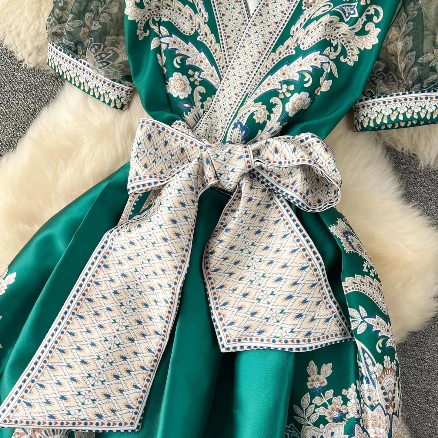 Summer Bohemian Paisley Print Long Dress Women V-Neck Short Puff Sleeve Vintage Print Bandage Lace Up Robe Vestidos Clothes 6237 - M & M Global