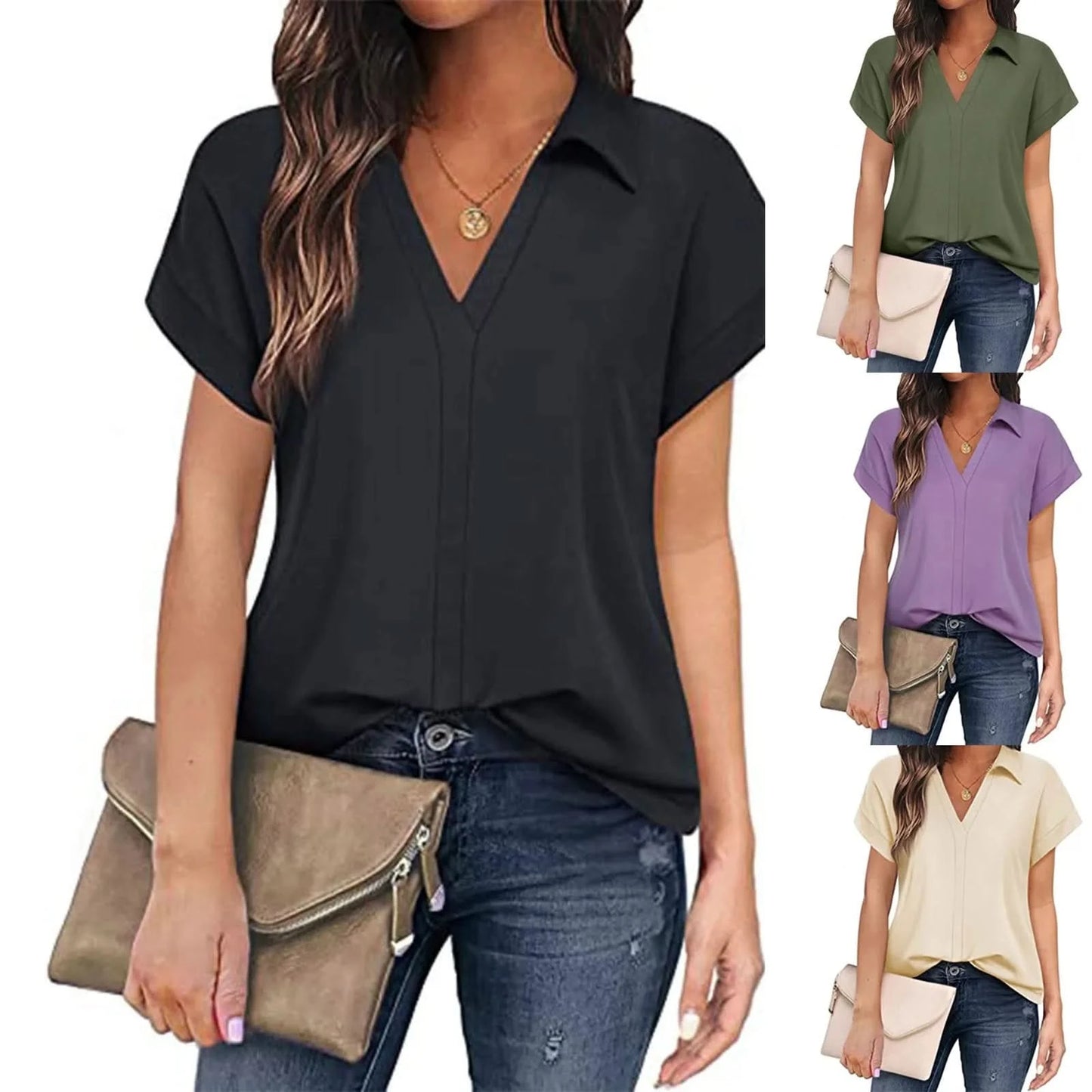 Shirts & Blouses Women'S Short Sleeve With V Neck Tunic Elegant Women'S Blouses Casual Blouse Blusas Elegantes Para Mujer 2024 - M & M Global