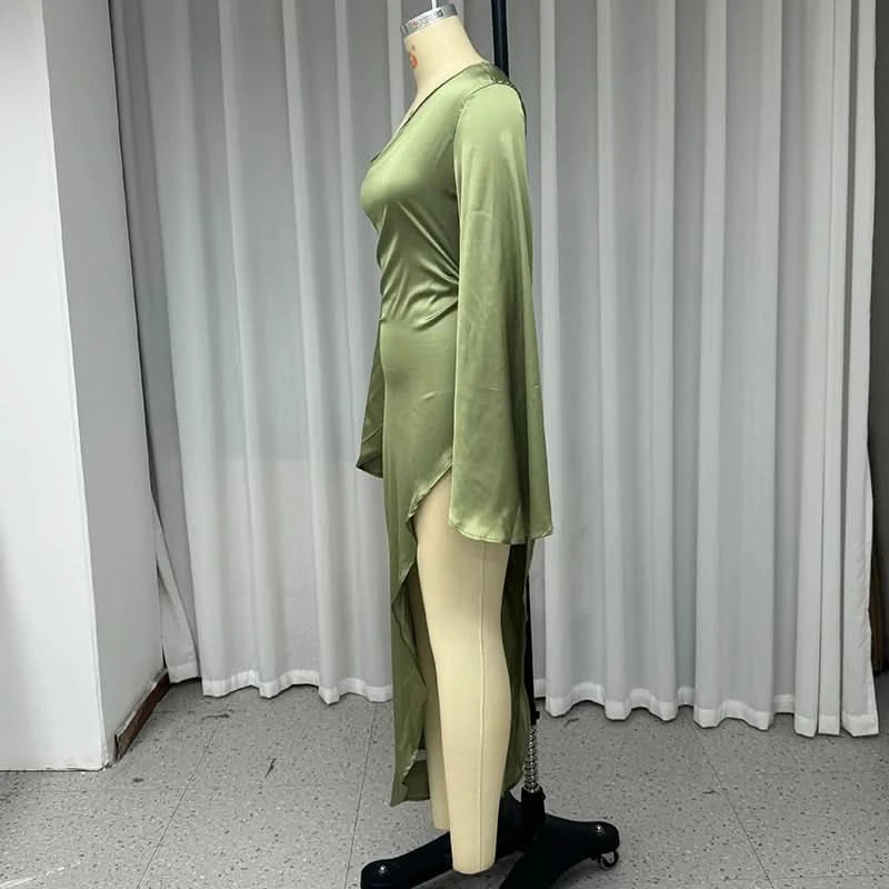 Ellafads Women Long Dress Autumn Fashion Solid Long Sleeve One Shoulder Off Shoulder Irregular Slit Satin Midi Dress Streetwear - M & M Global