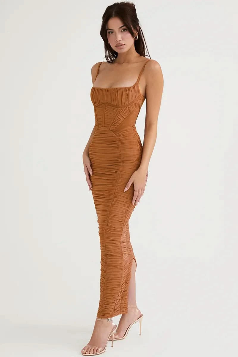 Mozision Elegant Corset Ruched Maxi Dress Women Fashion Spaghetti Strap Sleeveless Backless Zipper Long Dress Vestido - M & M Global