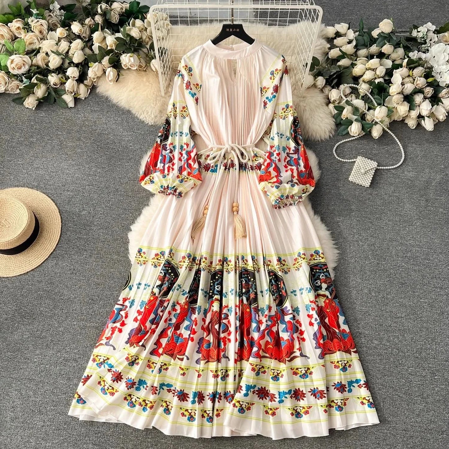 Spring Holiday Print Long Dress For Women Fashion Loose Lantern Sleeve Party Robe Female Big Swing Tassels Belt Pleated Clothes - M & M Global