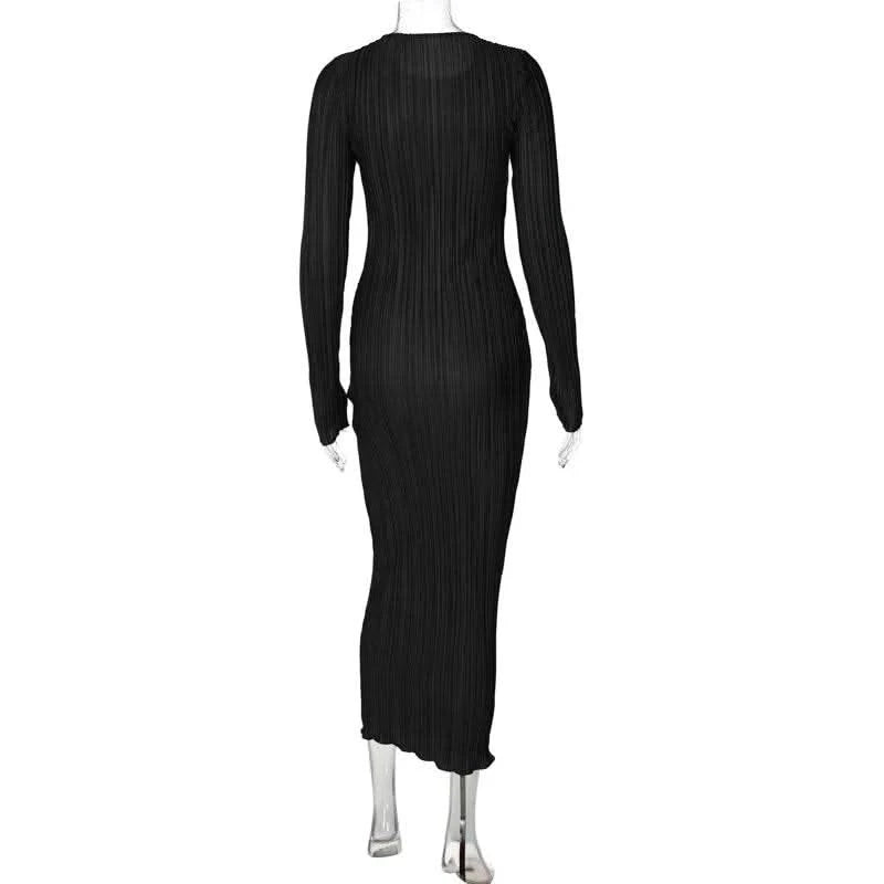 Dulzura Women 2024 Spring Autumn Fashion Long Sleeve Streetwear Bodycon Black Long Dress Wholesale Items For Business - M & M Global