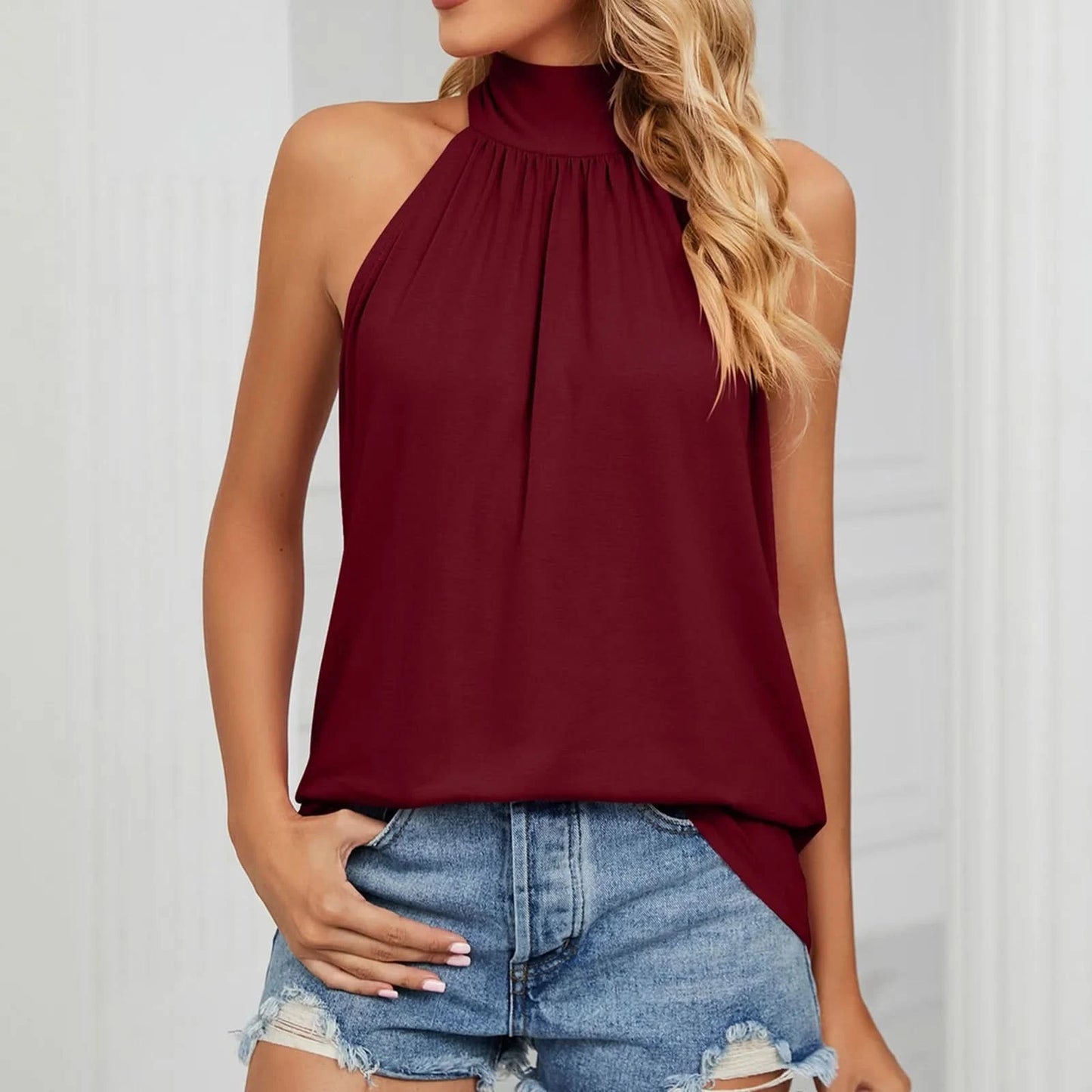 Women's Elegant Blouses Shirts Sleeveless Silk Strap Summer Blouses For Women Fashion 2023 Hanging Neck Lace Up Tops Blouse - M & M Global