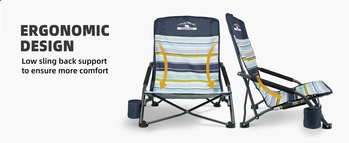 Tisetrail 2 Pack Portable Beach Chair For Adults Low Back Sling Chair With Cup Holder Folding Mesh Sand Chair Lightweight