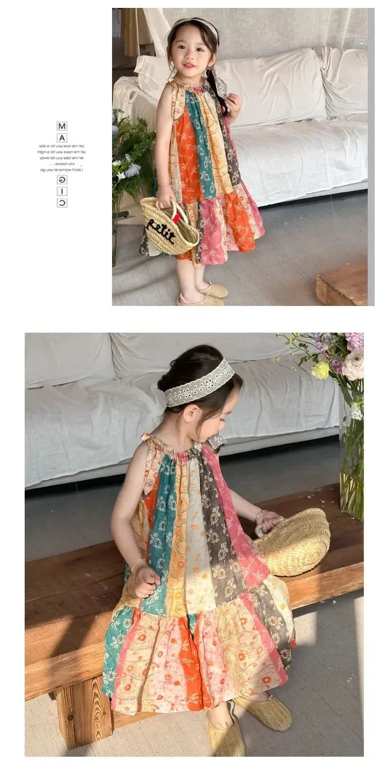 Girls Casual Dresses Floral Print Halter Sleeveless Top Girls Dress Kids Clothes for 2 To 7 Years Chinese Traditional Dress - M & M Global