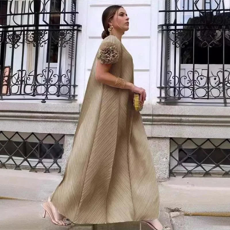 ANLAN Miyake Pleated Maxi Long Dress Mesh Petal Sleeve Half Turtleneck Formal Dresses for Women 2024 New Hot Sales 6KK9927 - M & M Global