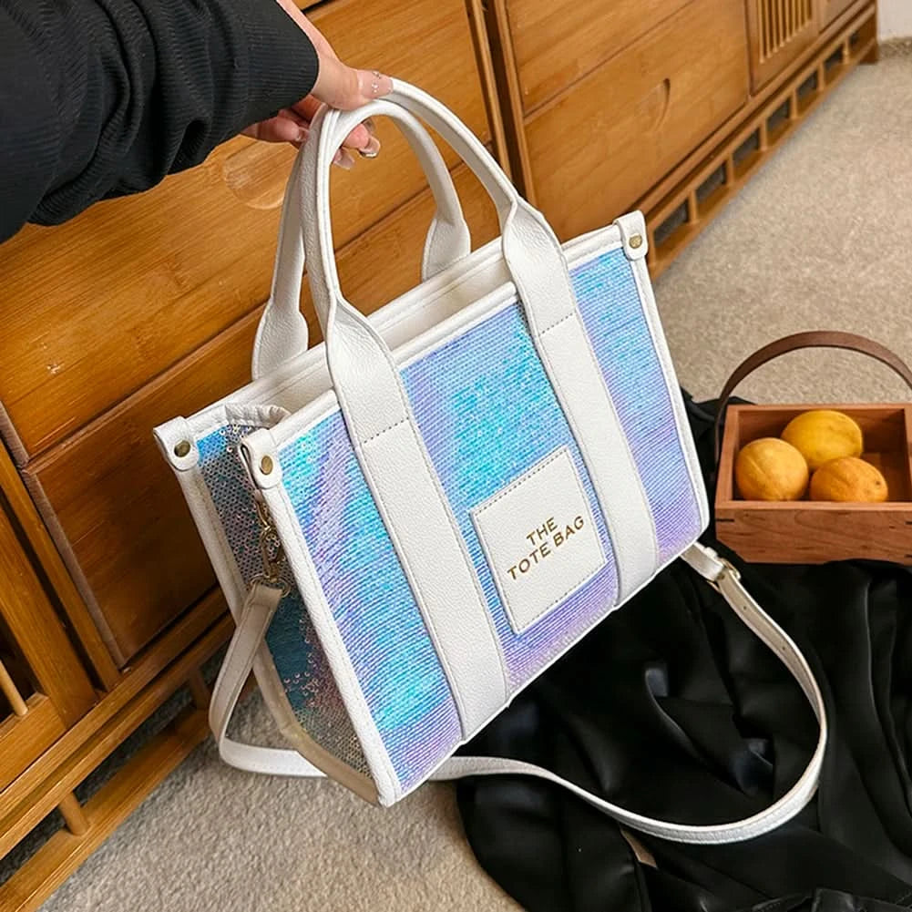 New The Tote Bag Letter Printed Sequins Top-Handle Bag Women Leather Handbag Luxury Designer Glitter Shoulder Crossbody Bag - M & M Global