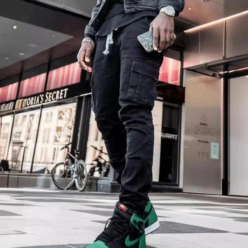 Men Street Elastic Denim Jeans Wash Solid Color Multi Pockets Cargo Pants Casual Slim Fit Daily Wear Joggers Mid Waist Trousers - M & M Global