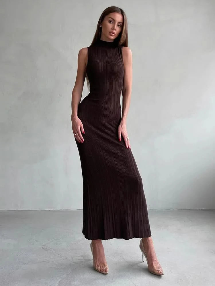 Tossy Sleeveless Knitwear Turtleneck Long Dress Female Slim Elegant Fashion Autumn 2023 Ribbed Knit Dress For Women Maxi Dress - M & M Global