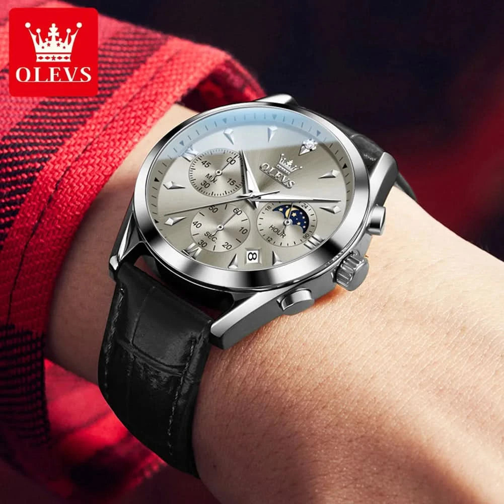 OLEVS Original Watch Leather Strap Moon Phase Luminous Quartz Watches for Man Waterproof Calendar Business Trend Wristwatch - M & M Global
