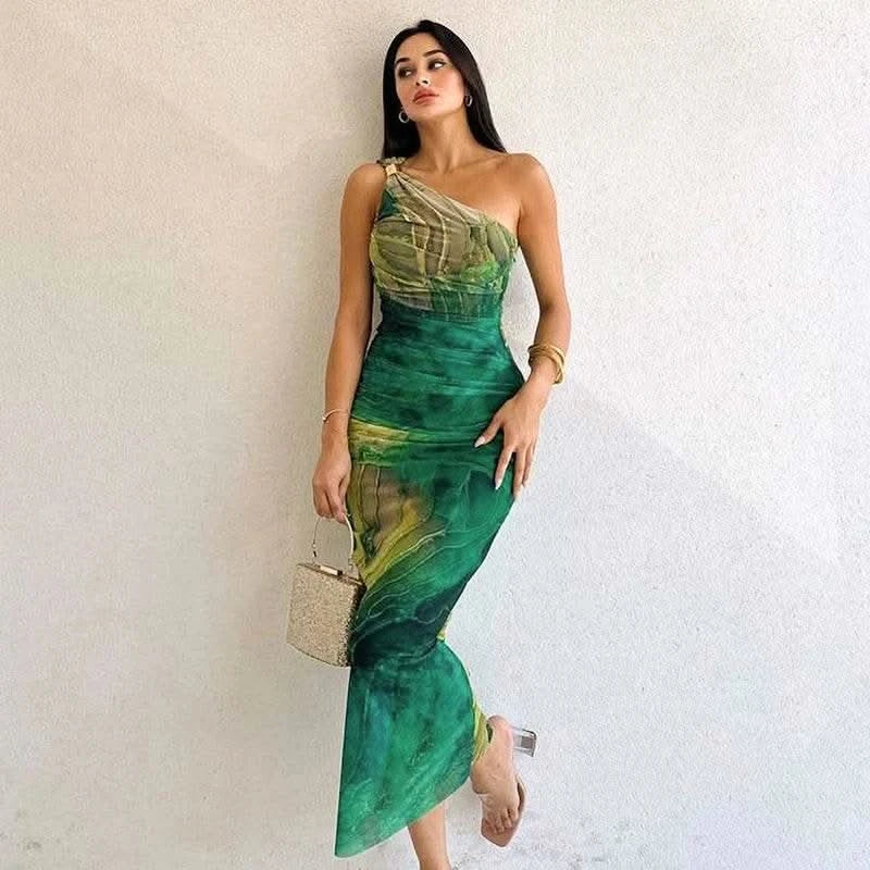 CUTENOVA Sexy Slash Collar Gradient Print Long Dress Summer Chic One-Shoulder Backless Party Dresses Sleeveless Hollow Slim Fit - M & M Global
