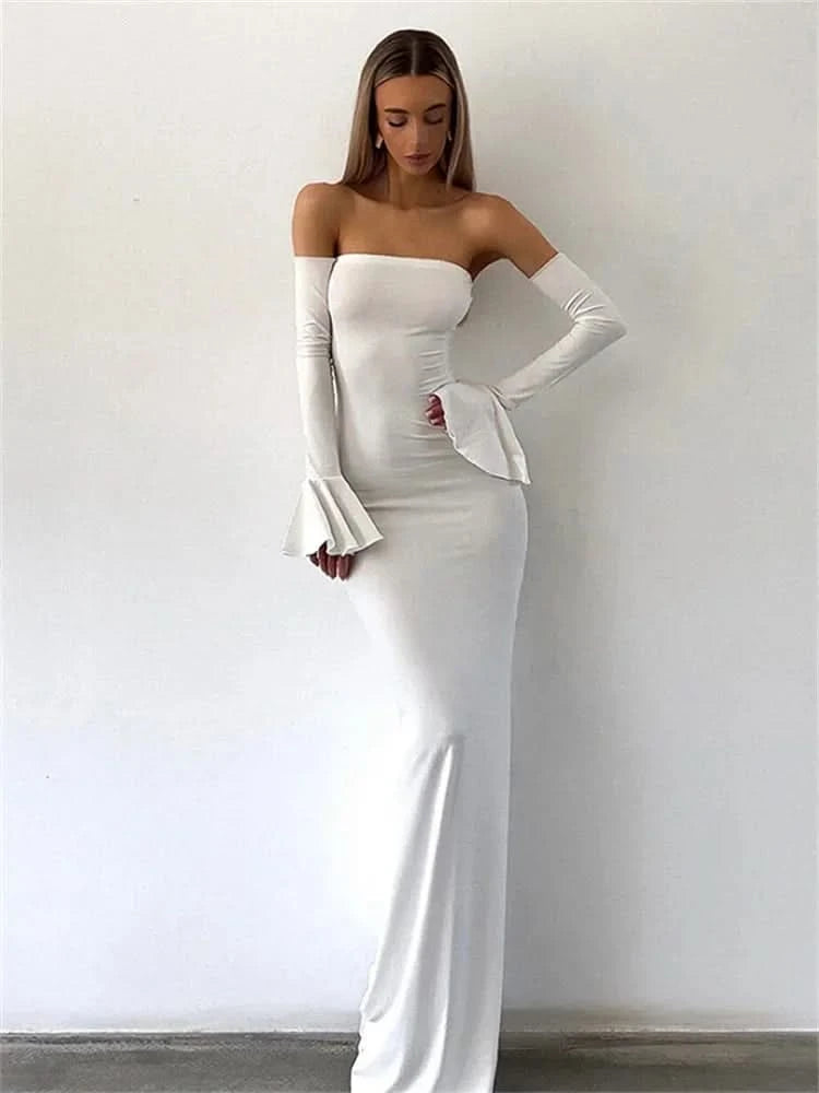 Trendix Black Elegant Evening Dress Women Sexy Off Shoulder Slim High Waist Tube Dresses Beach Party Ruffle Backless Long Dress - M & M Global