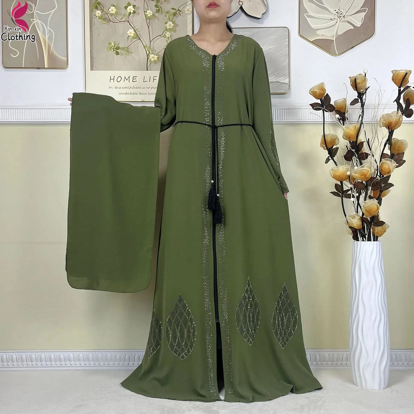 New Muslim Abayas For Women Long Sleeved Dress Dubai Lady Elegant Long Dress Islam Clothing African Abaya Loose Robe With Turban - M & M Global