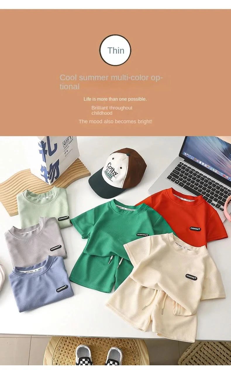 New Summer Children's Casual Set for Boys Girls Loose Short Sleeved Waffle Breathable and Comfortable Set - M & M Global