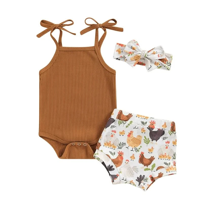 Toddler Girl 3 Piece Summer Set Floral Print Sleeveless Romper with Ruffle Trim Denim Shorts Bow Headband Outfit - M & M Global