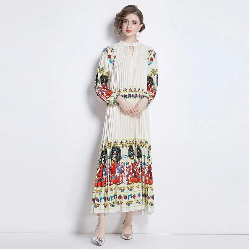 Spring Holiday Print Long Dress For Women Fashion Loose Lantern Sleeve Party Robe Female Big Swing Tassels Belt Pleated Clothes - M & M Global