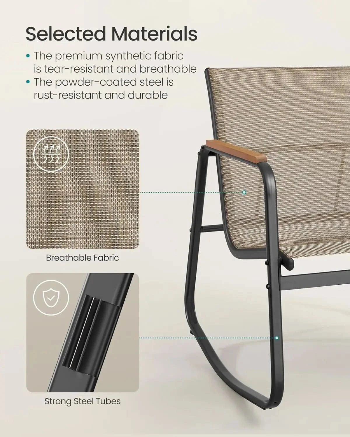 3-Piece Patio Set. Garden Conversation. 2 Rocking Chairs, Table. Steel Frame. Breathable Fabric. Yellowish Brown. UGGF0027K01.