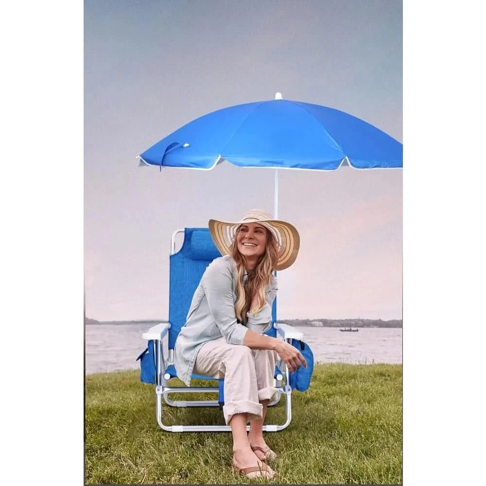 Blue Backpack Beach Chair with Cooler and Umbrella, Cup Holder for Outdoor, Camping, BBQ, Travel, Picnic